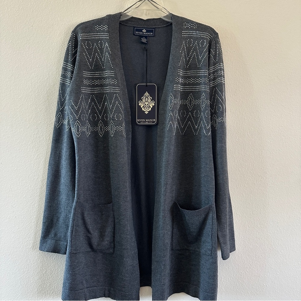Seven Manor NYC Heather Grey Open Front Embellished Sweater Cardigan Med NWT